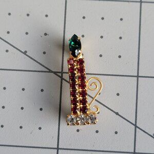 Vintage Glass Red Green Clear Holiday Candlestick Pin Brooch